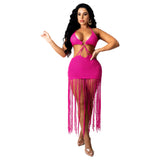 Fongt New Women's Solid Color Knit Sexy Strapless Tassel Beach Dress-Outfit