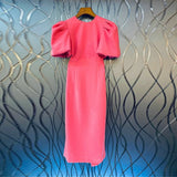 Pink Sexy Dress For Women Round Neck Puff Sleeve Patchwork Bowknot Backless High Waist Midi Dresses Female