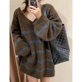 Breeze Loose V-Collar Head Striped Sweater Autumn And Winter Retro Temperament Medium-Long Style Sweater Sweater-Outfit