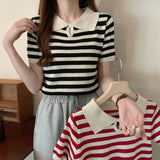 Careful Machine Striped Small Clip Red Short Sleeve Knitted Shirt Girl Summer New Design Sensational Small T-Shirt