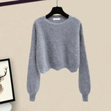 Winter Knitted 2 Piece Sets Women Long Sleeve Knitted Sweater And High Waist Mesh Long Skirts Sets For Women