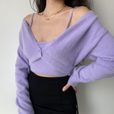Cropped Button Knit Two Piece Cardigan-Outfit