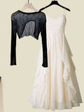 Women Summer Two Pieces Set Korean Knitted Hollow Out Irregular Sunscreen Top And Ruffles Patchwork Chiffon Dress