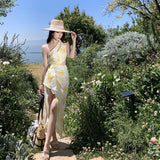 Fongt Seaside Travel Vacation Beach Skirt Female Summer Broken Flower Dew Waist Inclined Shoulder Dress Open Slit Slim Wrap Buttock Long Skirt-Outfit