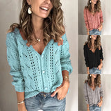 Fongt New Sweater Cardigan Women's Solid Color Hollowed-Out V-Neck Sweater