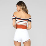 Fongt And Summer Explosion Of Women's Stripes Lace Bare Back Shoulder Leakage Collarbone Short T-Shirt Women's Top