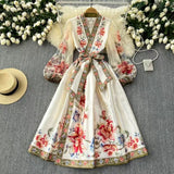 Fongt Style Retro Print Temperament Dress Female Long Sleeves With Thin Belt V-Neck Dress Long Dress