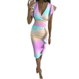 Fongt New Multi-Color Printing Dress V Collar Lotus Edges Sexy High-Waisted