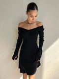Fongt Shoulder Dress Sweater Dress Sexy Knitted Skirt Long Sleeve Short Skirt Thick A Word Autumn Winter