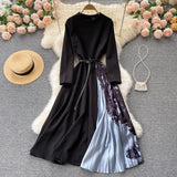 French patchwork pleated dress women high waisted knitting vintage dresses ladies long sleeve spring autumn