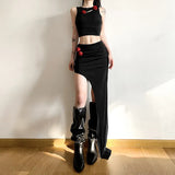 Fongt Winter Women's Embroidered Sleeveless Crop Vest Irregular Skirt Suit-Outfit