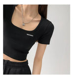 Fongt Collar Dew Collarbone Slim Bottom Shirt 2024 Summer New Short-Sleeve Crop Cord T-Shirt Student Short Jacket Female
