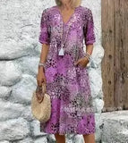 Fongt New Printed Summer V-Neck Casual Holiday Bag Dress Home Clothes Women