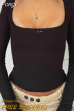 Women's Long Sleeve Top Basic Slim Fitted T-Shirt Spring Square Neck Y2k Crop Top Lace Tee Streetwear Female Pullovers T