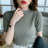 Summer Knitted Thin Sweater Pullovers Korean Half Sleeve Turtleneck Sweater for Women Slim Jumper Tops Office Lady-Outfit