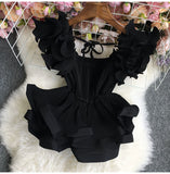 Chiffon Tanks Summer Female Plain Color Square Collor Sweet Camisole Woman Ruffles Straps Camis Tops-Outfit