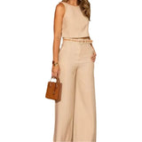 Fongt New Fashion Solid Color Round Collar Sleeveless Short High Waist Wide Leg Pants Suit Women-Outfit