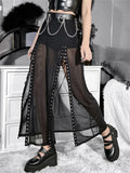 Y2K Gothic Black Side Split Long Maxi Skirts Streetwear 2023 High Waist Mesh See Through Party Clubwear Button Skirts-Outfit