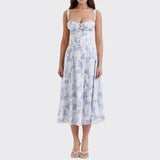 Fongt Women's New Floral Square Collar Sexy Slit Big Swing Autumn And Winter Dress