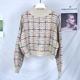 Autumn Winter New Plaid Sweater Women Korean Lazy Wind Short Loose Casual Checkered Sweater Lantern Sleeve Pullovers