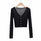 New V-Collar Single-Breasted Long-Sleeved Sunscreen Sweater Summer Hollowed-Out Leisure Air-Conditioning Blouse-Outfit