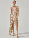New Sexy Shoulder Hanging Neck Print Dress In The Long Dress Irregular Lotus Leaf Side Temperament Dress