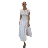 Fongt New Sweet Pure Want To Collect Waist Thin A Word French Girl Folds Splicing Short Sleeve Long Dress Woman