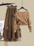 Winter Knitted 2 Piece Sets Women Long Sleeve Knitted Sweater And High Waist Mesh Long Skirts Sets For Women