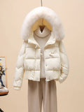 Korean Version Of The Ox Horn Button Down Jacket Women's Short Style 2024 Winter New Big Hair Collar And Thick Small Warm Coat Tide-Outfit