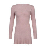 Girl Square Collar Flower Fold Waist Knitted Skirt 2023 Sweet Pure Style Hot Girl A Dress-Outfit