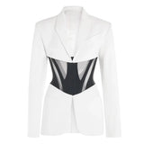 Temperament Blazers For Women Notched Collar Long Sleeve Hit Color Patchwork Sheer Mesh Slim Blazer Female Fashion Style New-Outfit