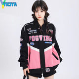 Black Bomber Woman American Racing Varsity Jacket Long Sleeve Stand Collar Baseball Jackets Unisex Bombers Winter