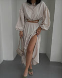 Fongt New With Long-Sleeved Top Folded Open Skirt Suit