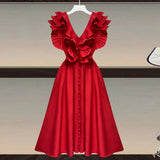 Casual Loose Dress For Women V Neck Sleeveless High Waist Ruffle Trim Solid Midi Dresses Female Clothing Style
