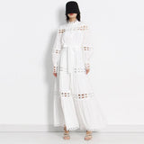 White Loose Dress For Women Stand Collar Long Sleeve High Waist Cut Out Solid Midi Dresses Female Spring