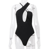 Black Backless Hollow Asymmetric Strap Bodysuit-Outfit