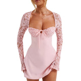 Women's French Sexy Lace Lace Long Sleeves Straight Back A Set Short