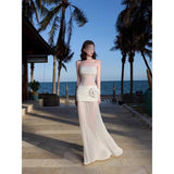 Fongt Resort Beach Dress Pure Style Hot Girl Fashion Shoulder Brat Dress Dress Open Back Dress