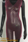 Sale Fishnet Bling Crystal Diamonds Dress Grid Sleeveless O Neck Sexy See Through Women Skinny Mini Dresses Night