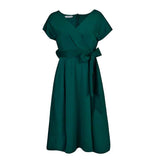 Fongt V-Neck Solid Color Waist Bow Tie With Large Swing Dress Dress Dress Dress Dress Dress