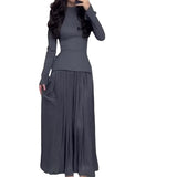 Fongt 2025 New Solid Color Dress Fashion Fake Two Long-Sleeved Dress Women