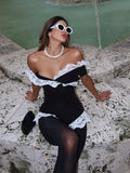 Black Lace Trim Off -Shoulder Bodysuit-Outfit