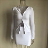 Ribbed Tops And Skirts Sets Autumn Two Pieces Sexy Zipper Full Sleeve White Matching