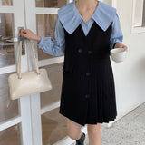 Folds Peter Pan Collar Puff Sleeve Single Breasted Shirt Loose Asymmetrical Knee Length Pleated Vest