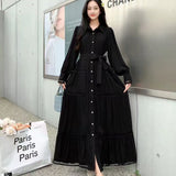 Fongt High-End Retro Collar Single Buckle Lantern Sleeve Dress Women's Hollow Lace To Receive Long Waist Skirt