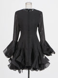French Elegant Wind Collar Splicing Lotus Edge Mid-Sleeve Dress 2025 New Horn Sleeve Long Dress