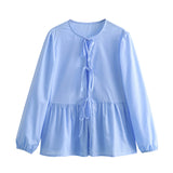 New Bow Knot Lock Color Loose Casual Shirt Blouse-Outfit