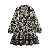 Fongt Single-Dlong Short Dress 2025 Spring/Summer V-Neck Print Long-Sleeved Loose Miniskirt