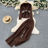 Fongt Goods Fashionable Wearing A Famous Man's High-Level Feeling Strapped With A Waist Suit Collar Long-Sleeved Knitted Top High Waist Broad Leg Trousers