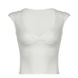 Girl Style Simple Solid Color Basic Sexy Low-Cut V-Neck Slim Flying Sleeve T-Shirt 2024 Spring / Summer New Style-Outfit